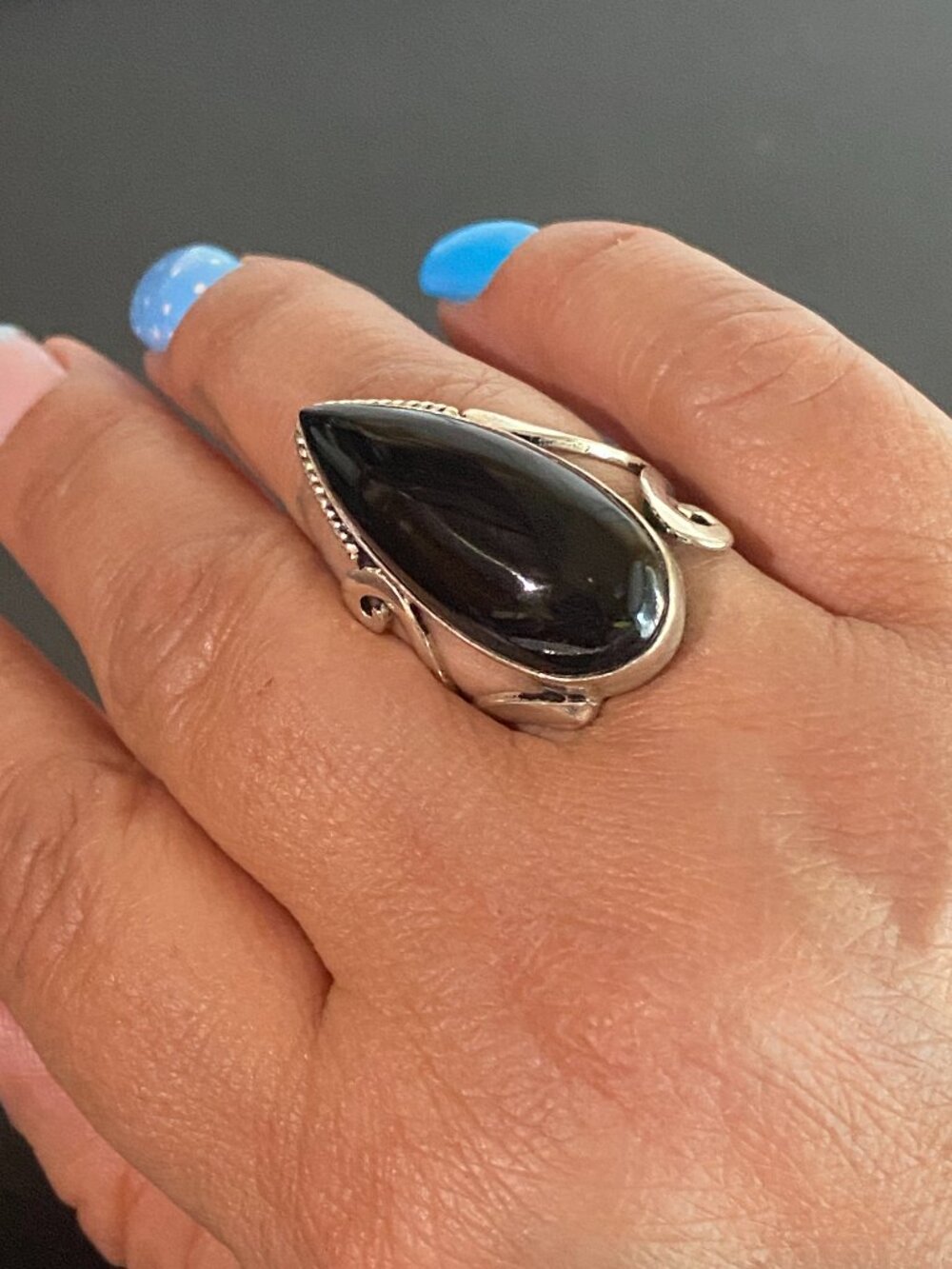 Black Teardrop Statement Ring Size 8–8.5